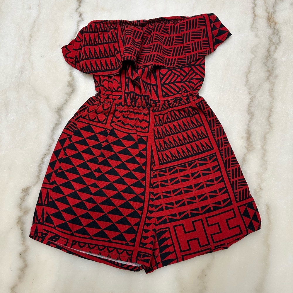 HI FINEST • Red and Black Tribal Design Off Shoulder Romper - Toddler 3T-4T